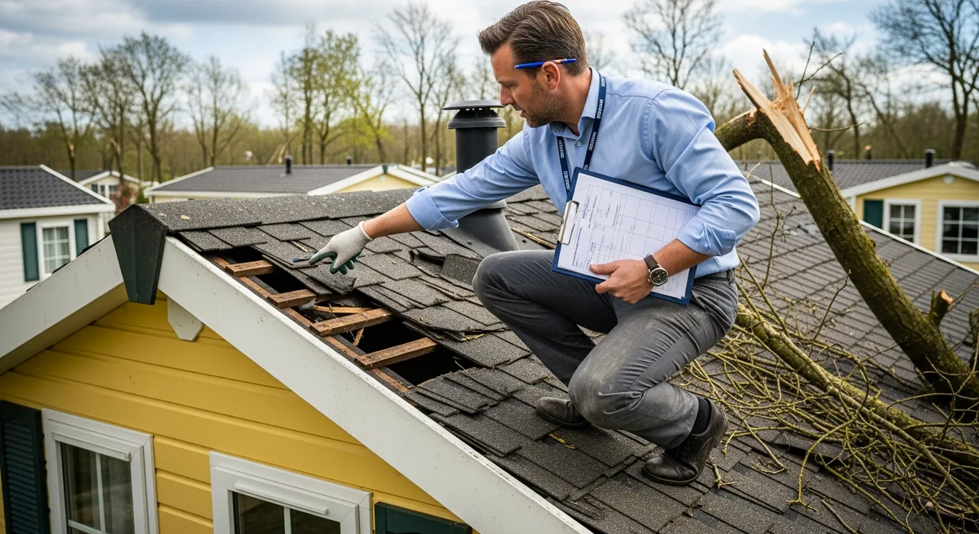 Schade-expert inspecteert een chalet