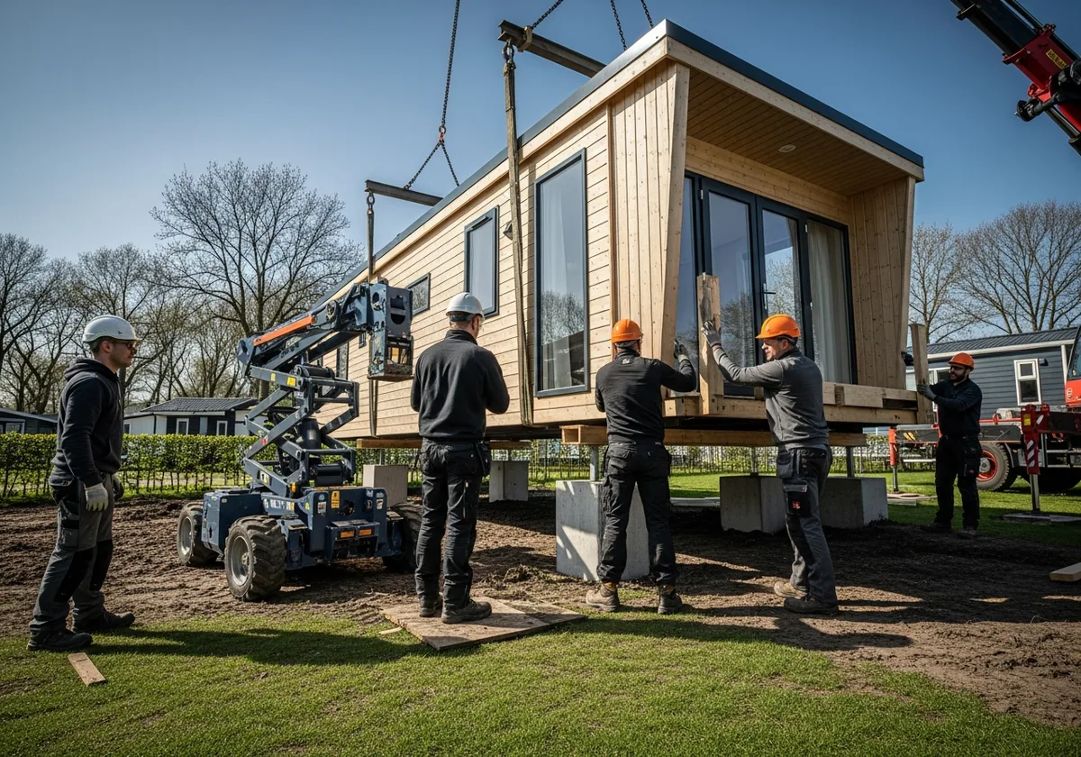 Chalet wordt met kraan op positie gehesen